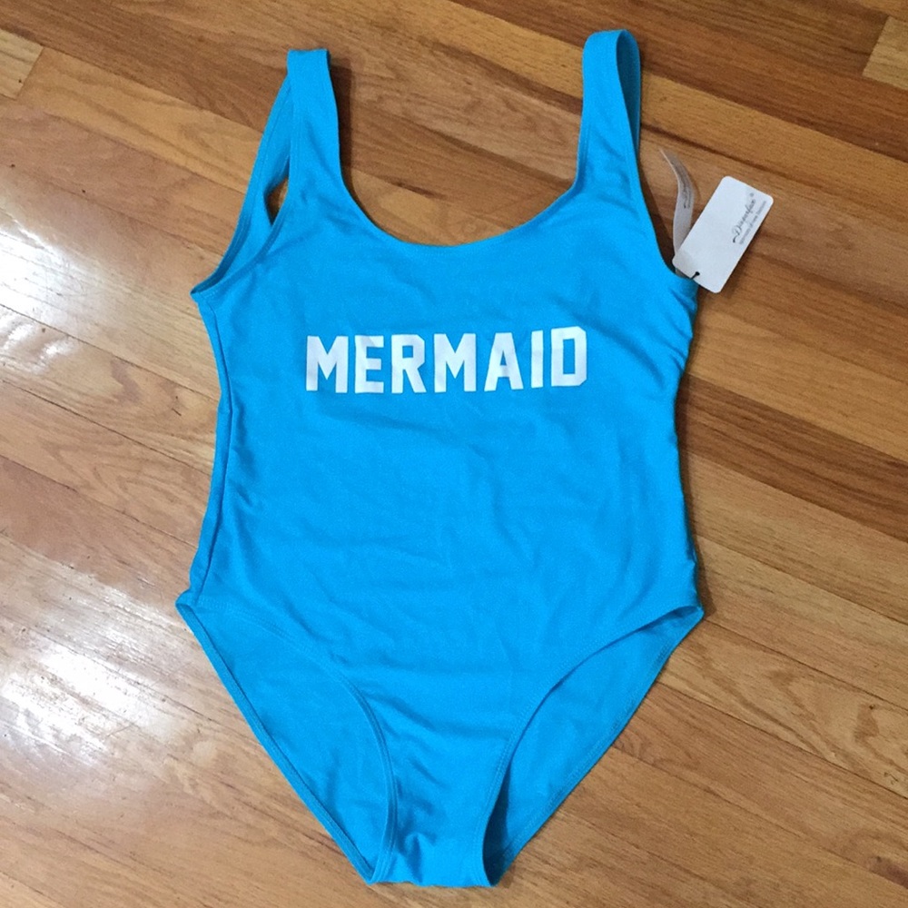 Mermaid Bright turquoise/aqua white lettering NWT